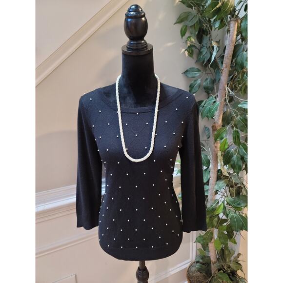 ELLE Sweater Women's Medium Black Pearl Embellished 34 Sleeve Pullover Knit - Picture 1 of 12